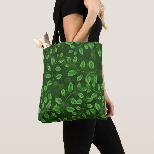 Watercolor Green Leaves Pattern Tote Bag (Close Up)