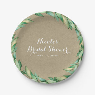 Watercolor Green Leaves Rustic Kraft Wedding Paper Plate