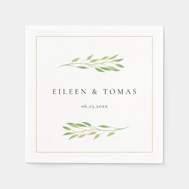 Watercolor green leaves wedding paper napkin (Front)