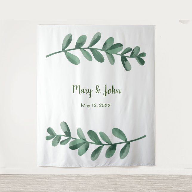 Watercolor Green Leaves Wedding Photo Backdrop Tapestry (Front)