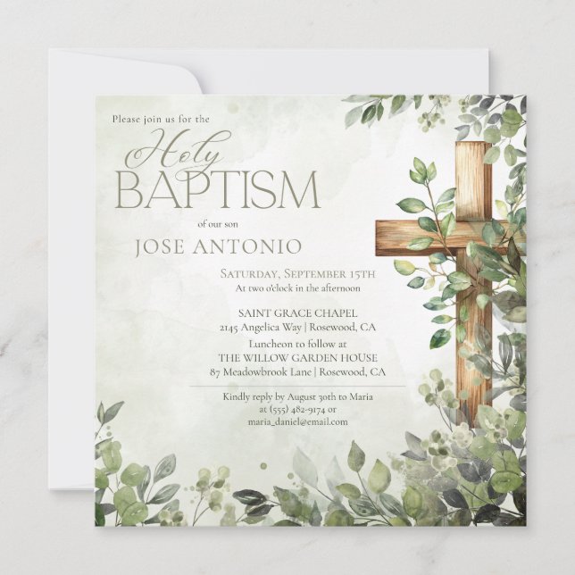 Watercolor green leaves wood cross modern baptism invitation (Front)