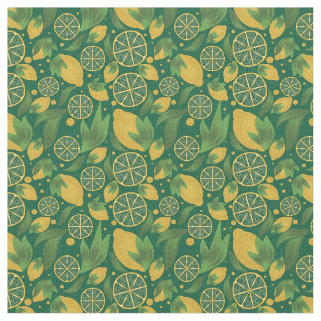 Watercolor Green Lemon Fruit Pattern  Fabric (Close Up)