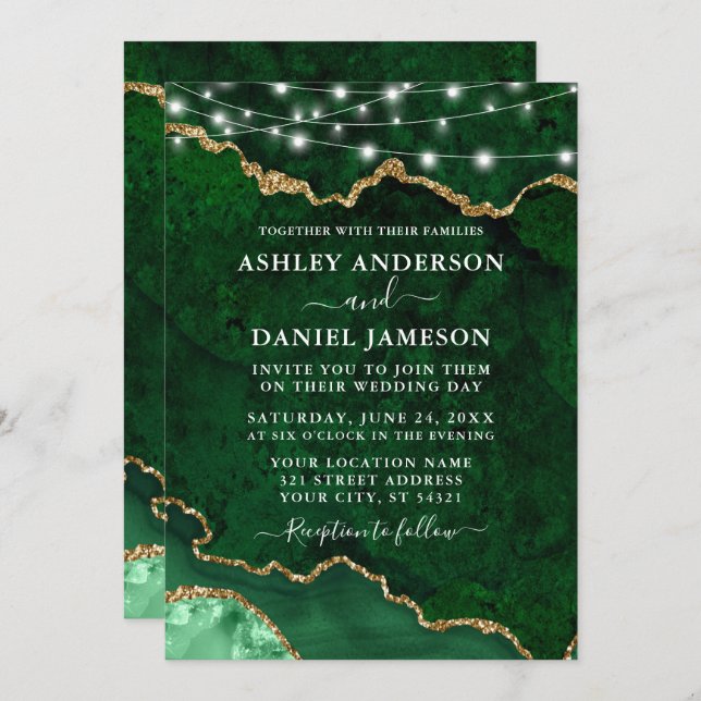Watercolor Green Marble Agate Geode Lights Wedding Invitation (Front/Back)