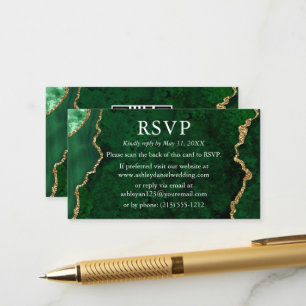 Watercolor Green Marble Wedding RSVP QR Back Enclosure Card