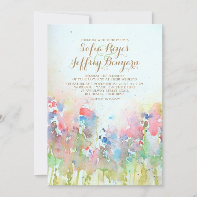 Watercolor Green Meadow Flowers Wedding Invitation (Front)