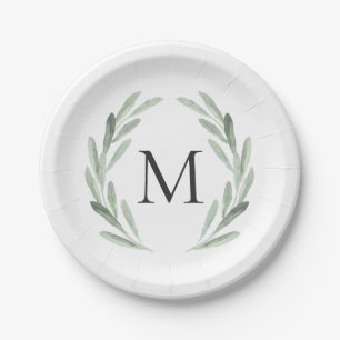 Watercolor Green Olive Branch Wreath Monogram Paper Plate