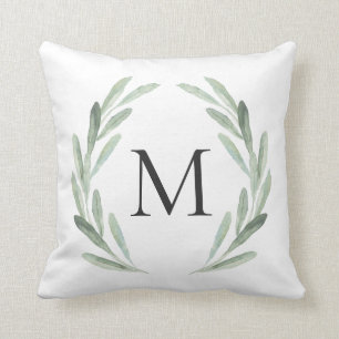 Watercolor Green Olive Branch Wreath Monogram Throw Pillow