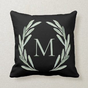Watercolor Green Olive Branch Wreath Monogram Throw Pillow