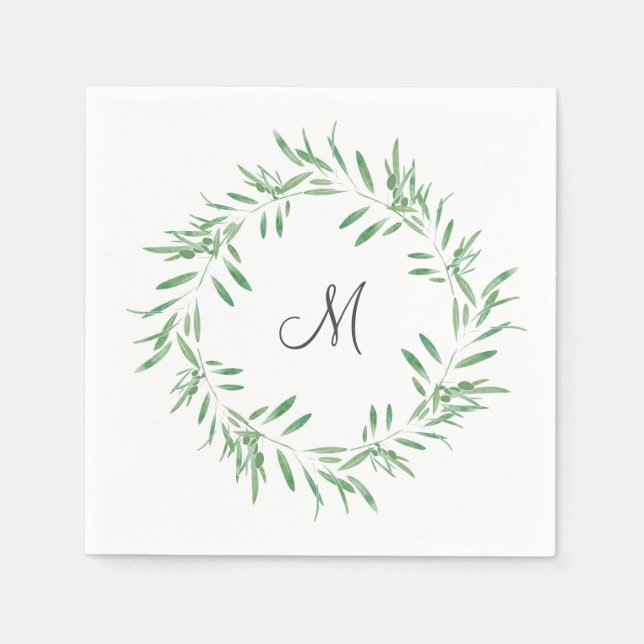Watercolor Green Olive Wreath Napkin (Front)