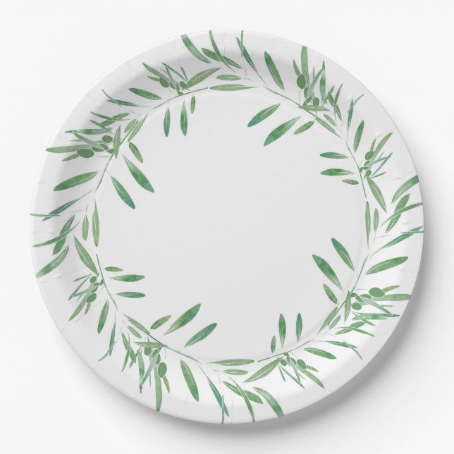 Watercolor Green Olive Wreath Paper Plate (Front)