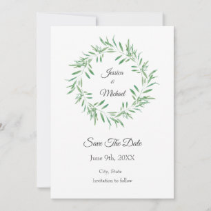 Watercolor Green Olive Wreath Save The Date