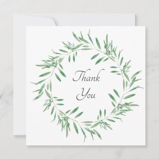 Watercolor Green Olive Wreath Thank You Card (Front)