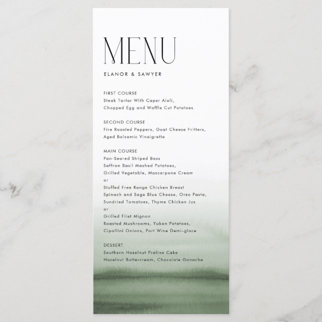 Watercolor Green Ombre Modern Wedding Menu (Front)