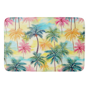 WATERCOLOR GREEN ORANGE PINK TROPICAL PALM TREES BATH MAT