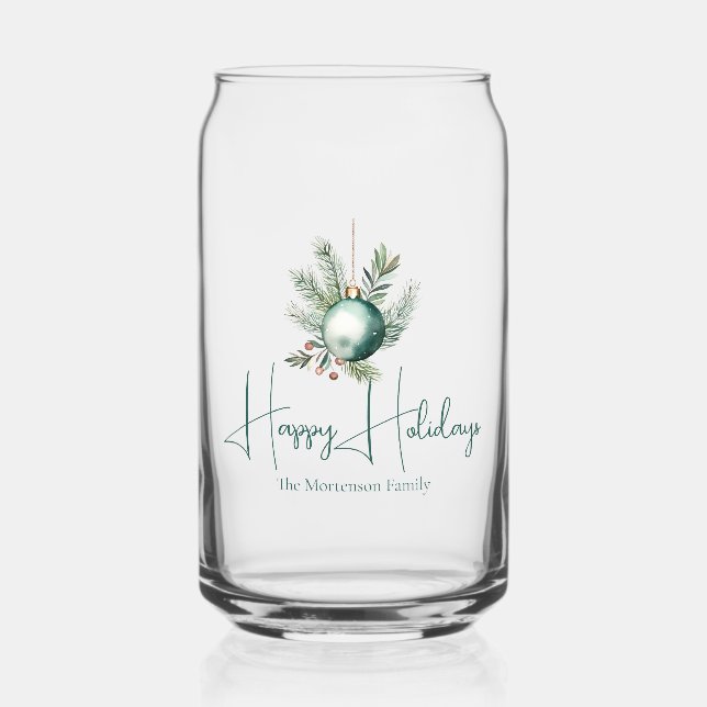 Watercolor Green Ornament Trendy Holiday Party Can Glass (Front)