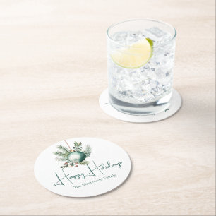 Watercolor Green Ornament Trendy Holiday Party Round Paper Coaster