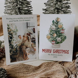 Watercolor Green Ornaments Tree Photo Christmas Holiday Card