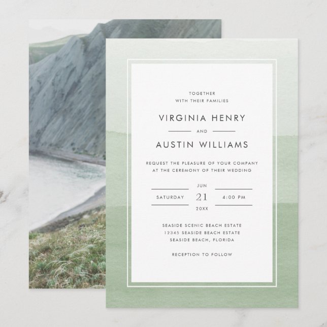 Watercolor Green Photo Wedding Invitation (Front/Back)