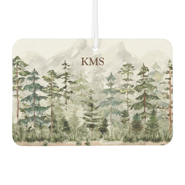 Watercolor Green Pine Forest on Mountain Air Freshener (Front)