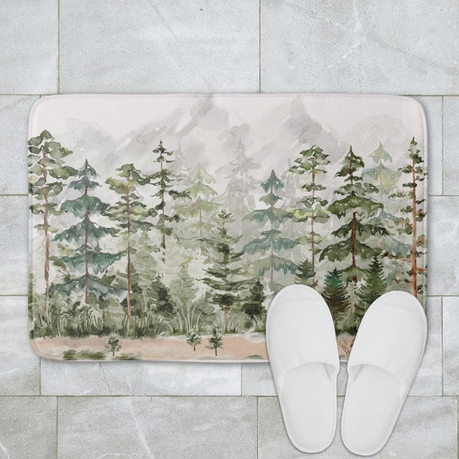 Watercolor Green Pine Forest on Mountain Bath Mat (In situ bathroom floor)