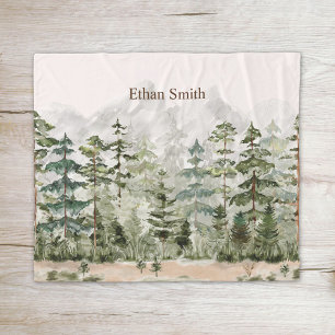 Watercolor Green Pine Forest on Mountain Fleece Blanket