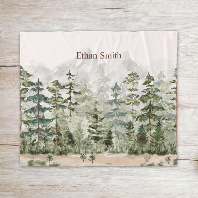 Watercolor Green Pine Forest on Mountain Fleece Blanket (Close up on wood)