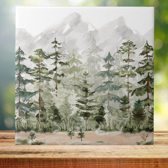 Watercolor Green Pine Forest on Mountain Tile (Close up)