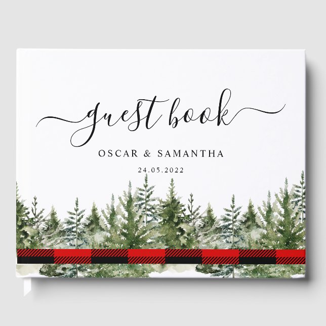Watercolor Green Pine Tree & Red Buffalo Plaid Guest Book (Front)