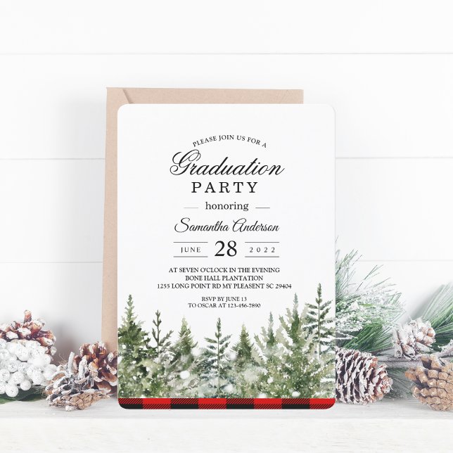 Watercolor Green Pine Tree  & Red Buffalo Plaid Invitation (Creator Uploaded)