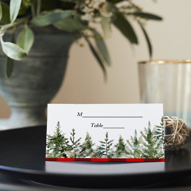 Watercolor Green Pine Tree  & Red Buffalo Plaid Place Card (Creator Uploaded)