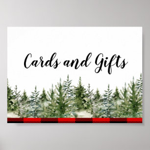 Watercolor Green Pine Tree & Red Buffalo Plaid Poster