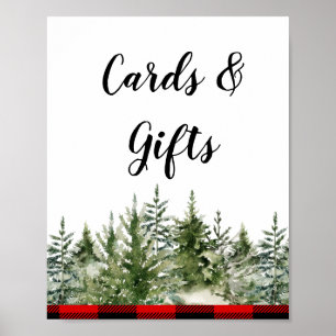 Watercolor Green Pine Tree & Red Buffalo Plaid Poster