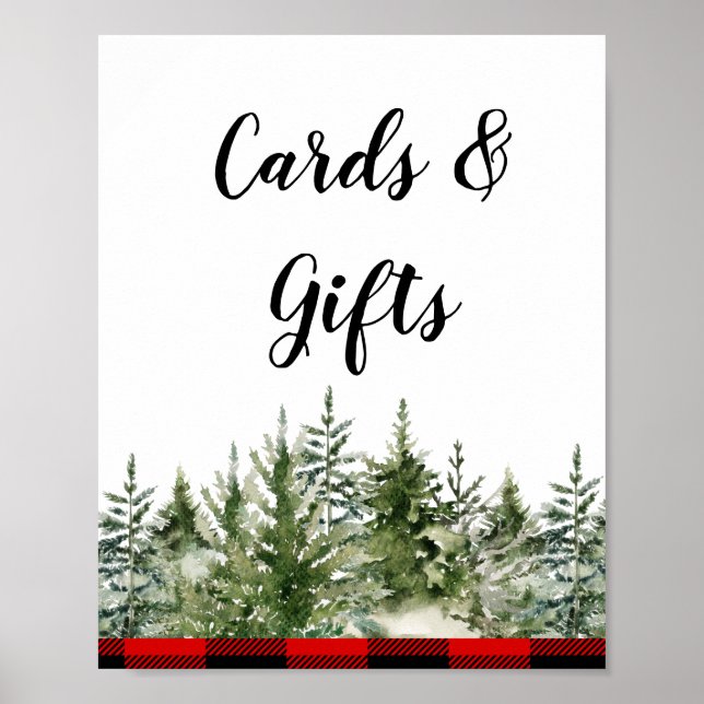 Watercolor Green Pine Tree & Red Buffalo Plaid Poster (Front)