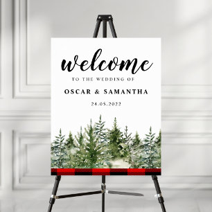 Watercolor Green Pine Tree & Red Buffalo Plaid Poster