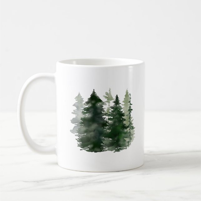 Watercolor Green Pine Trees Holiday Coffee Mug (Left)