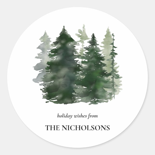 Watercolor Green Pine Trees Simple Holiday Classic Round Sticker (Front)