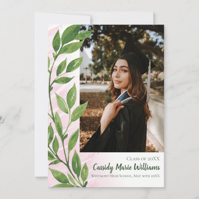Watercolor Green Pink Ivy Plant Graduation Invitation (Front)