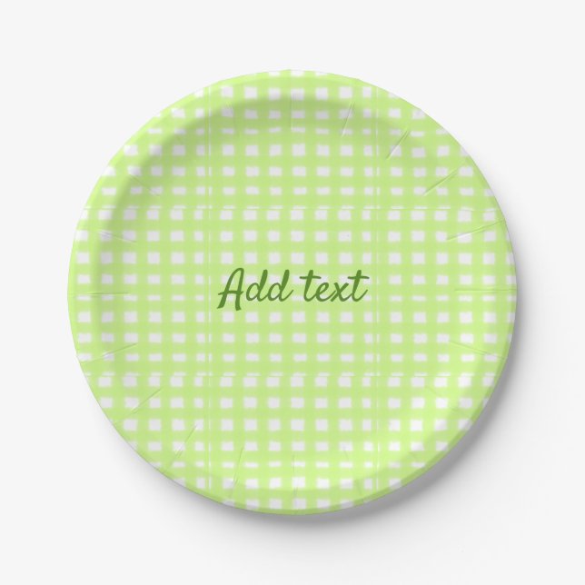 Watercolor green plaid ginham personalized add tex paper plate (Front)