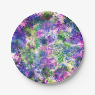 Watercolor Green Purple Blue Paint Splash Abstract Paper Plate
