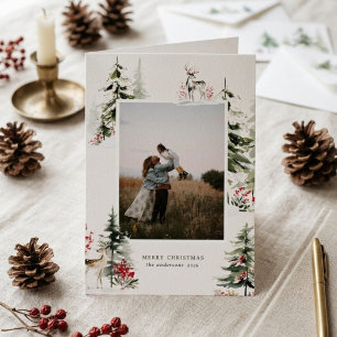 Watercolor Green Red Forest Holiday Photo Card