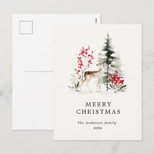 Watercolor Green Red Forest Holiday Postcard
