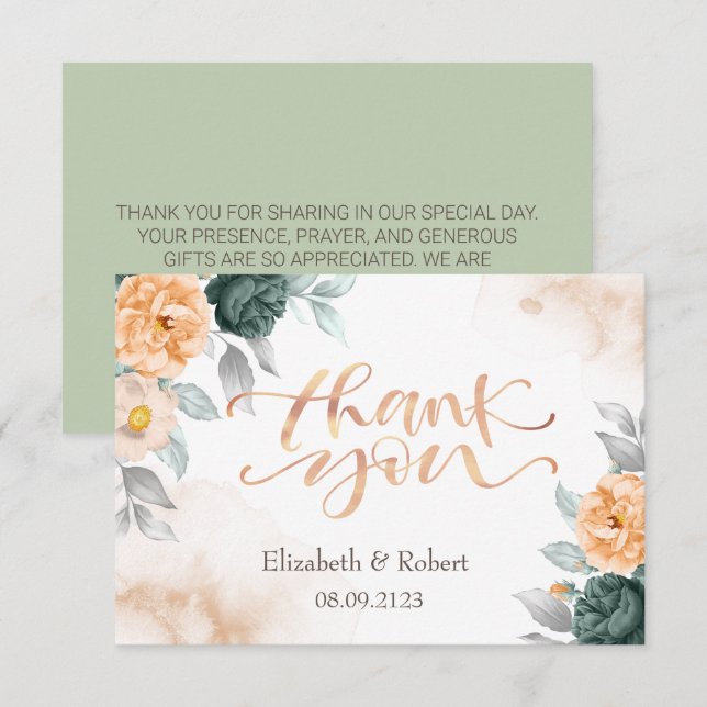 Watercolor Green Roses Thank You Card (Front/Back)