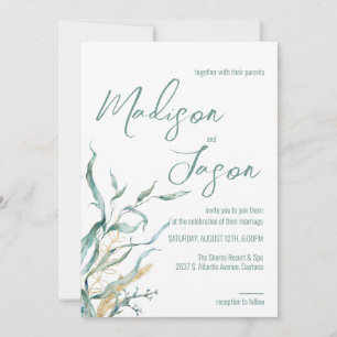 Watercolor Green Seaweed Beach Wedding Invitations