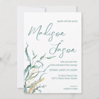 Watercolor Green Seaweed Beach Wedding Invitations