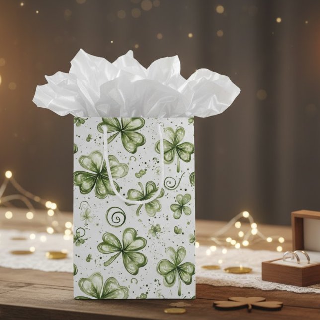 Watercolor Green Shamrocks & Swirls Medium Gift Bag (Creator Uploaded)