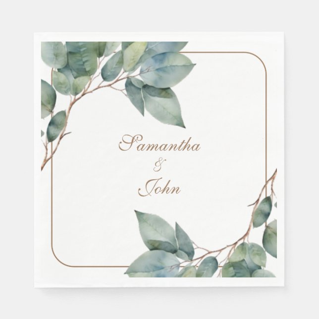 Watercolor green teal gold botanical greenery napkin (Front)