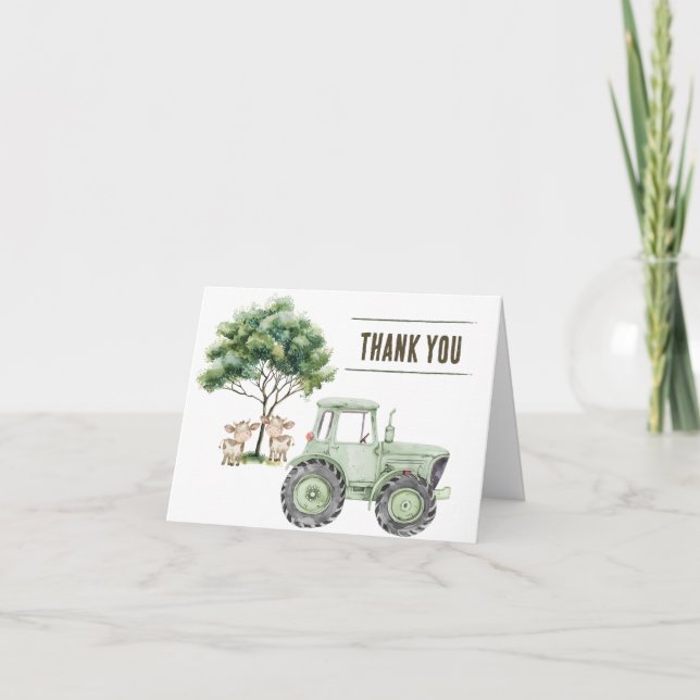 Watercolor Green Tractor Farm Merci Cartes (Devant)