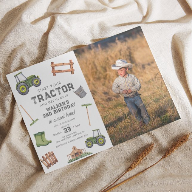 Watercolor Green Tractor Photo 2nd Birthday  Invitation (Creator Uploaded)