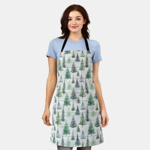 Watercolor Green Tree Pattern White Apron