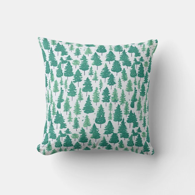 Watercolor Green Trees Christmas Pattern Throw Pillow (Front)